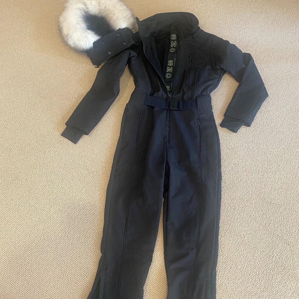 TOPSHOP One-Piece Black Ski Suit with attachable hood with White Faux Fur Collar